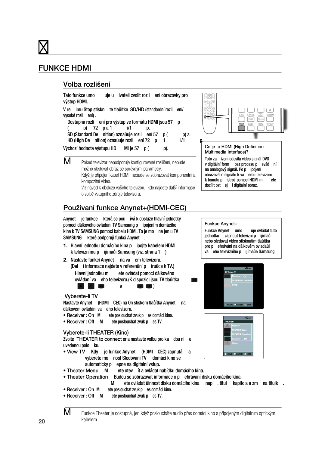 Samsung HT-X720GT/EDC, HT-X720T/EDC manual Funkce Hdmi, Volba rozlišení, Používaní funkce Anynet+HDMI-CEC, Vyberete-li TV 