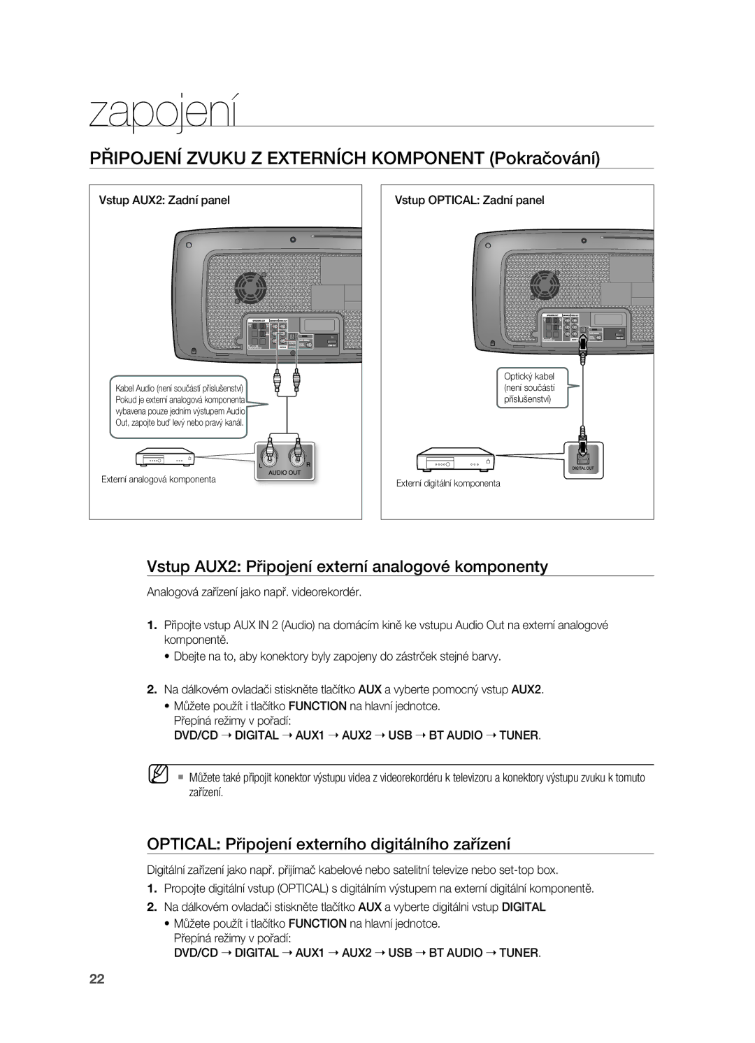 Samsung HT-X720GT/EDC PřIPOJENÍ Zvuku Z EXTErNÍCH Komponent Pokračování, Vstup AUX2 Připojení externí analogové komponenty 