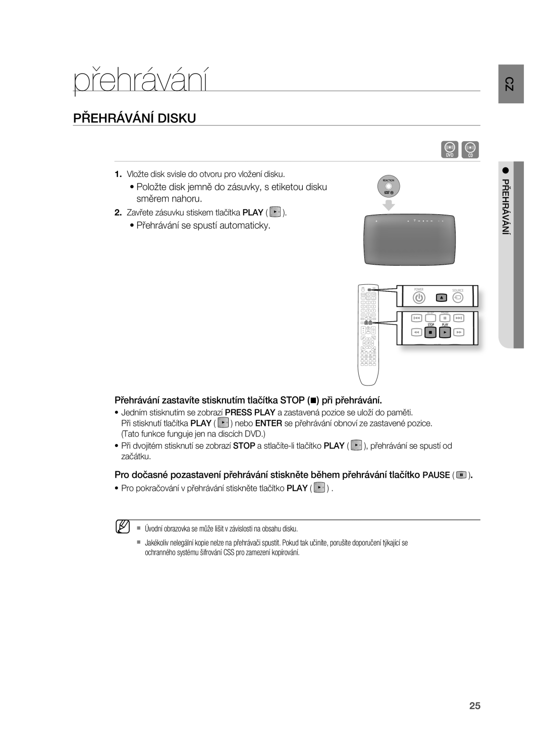 Samsung HT-X720T/EDC, HT-X720GT/EDC manual Přehrávání, PřEHrÁVÁNÍ Disku 