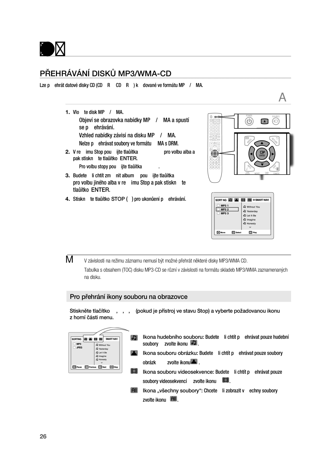 Samsung HT-X720GT/EDC manual PřEHrÁVÁNÍ DISKů MP3/WMA-CD, ~ Objeví se obrazovka nabídky MP3/WMA a spustí se přehrávání 