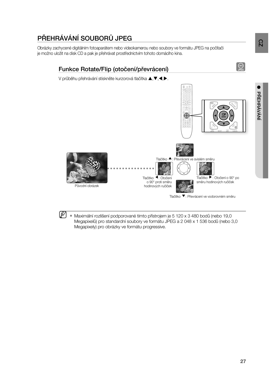 Samsung HT-X720T/EDC, HT-X720GT/EDC manual PřEHrÁVÁNÍ SOUBOrů Jpeg, Funkce rotate/Flip otočení/převrácení 