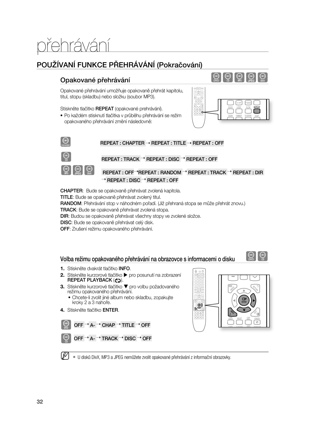 Samsung HT-X720GT/EDC manual POUžÍVANÍ Funkce PřEHrÁVÁNÍ Pokračování, Opakované přehrávání, OFF  A-  Chap  Title  OFF 