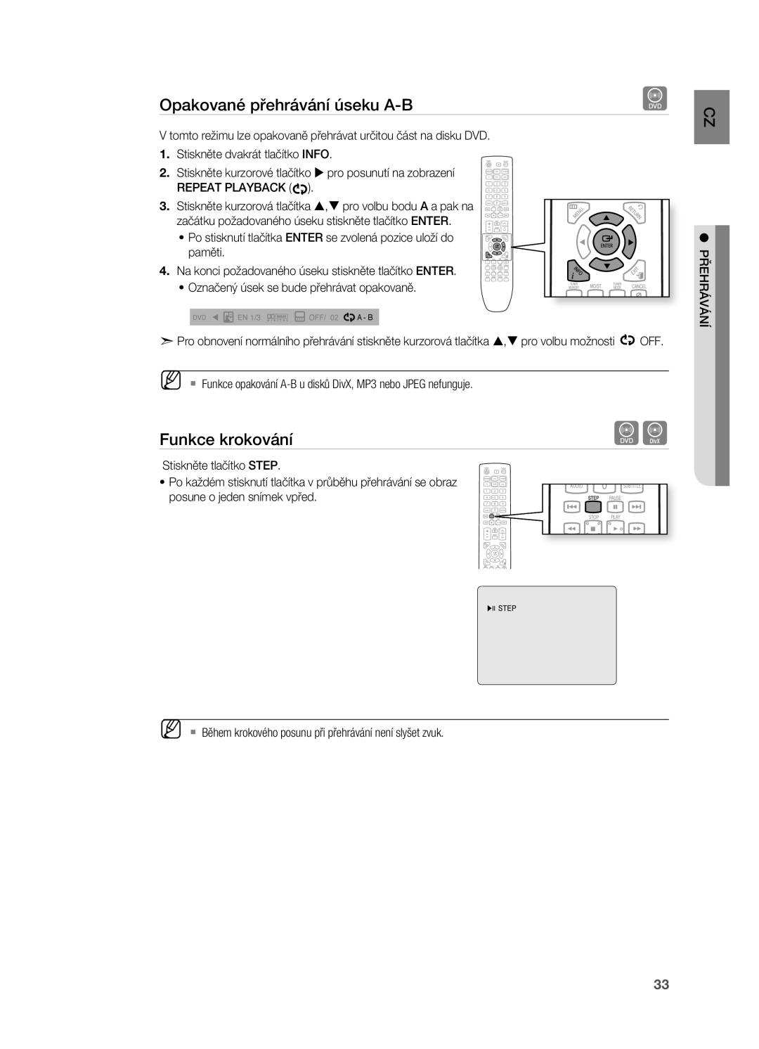 Samsung HT-X720T/EDC, HT-X720GT/EDC manual Opakované přehrávání úseku A-B, Funkce krokování 