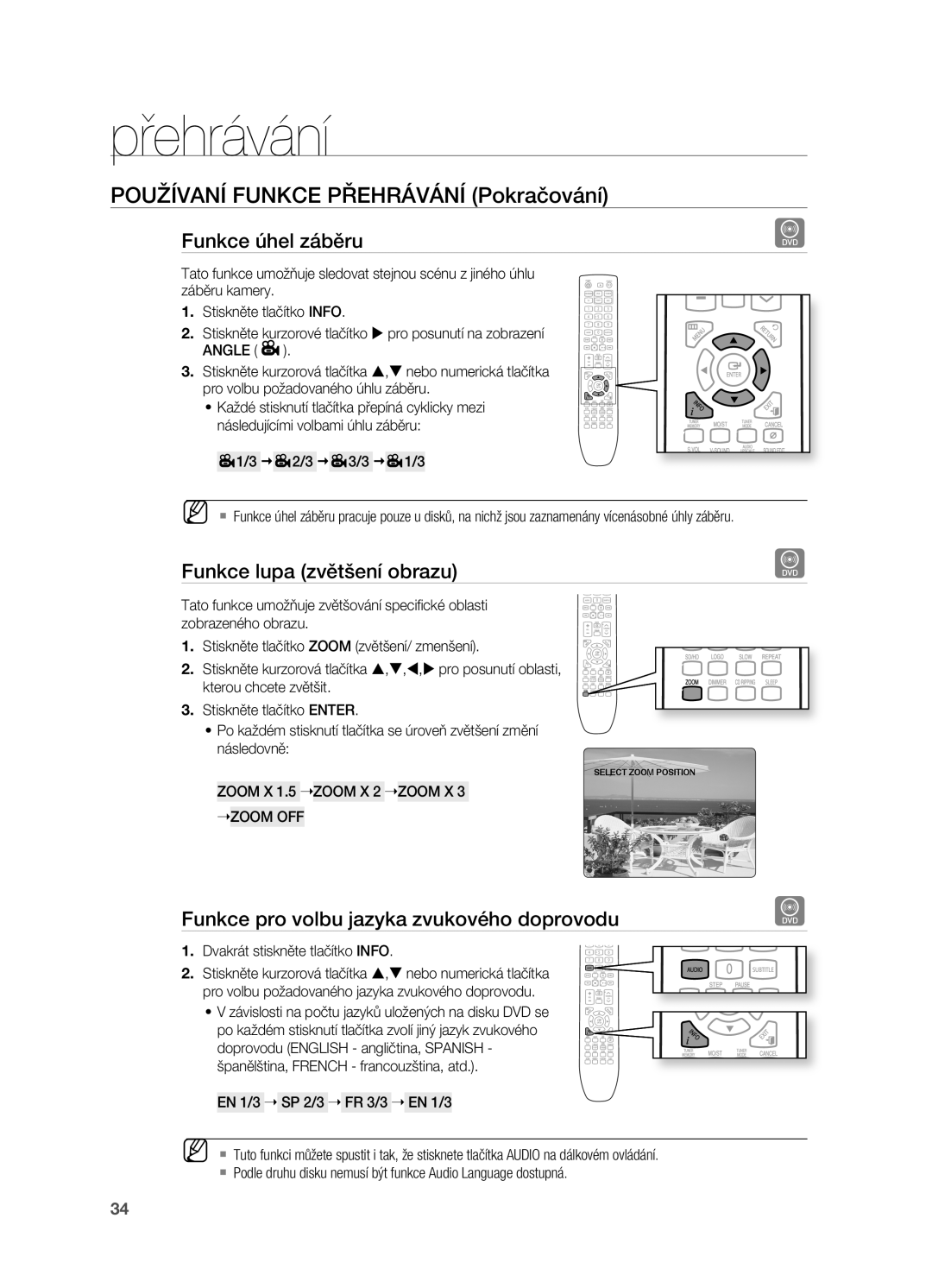 Samsung HT-X720GT/EDC Funkce úhel záběru, Funkce lupa zvětšení obrazu, Funkce pro volbu jazyka zvukového doprovodu, Angle 