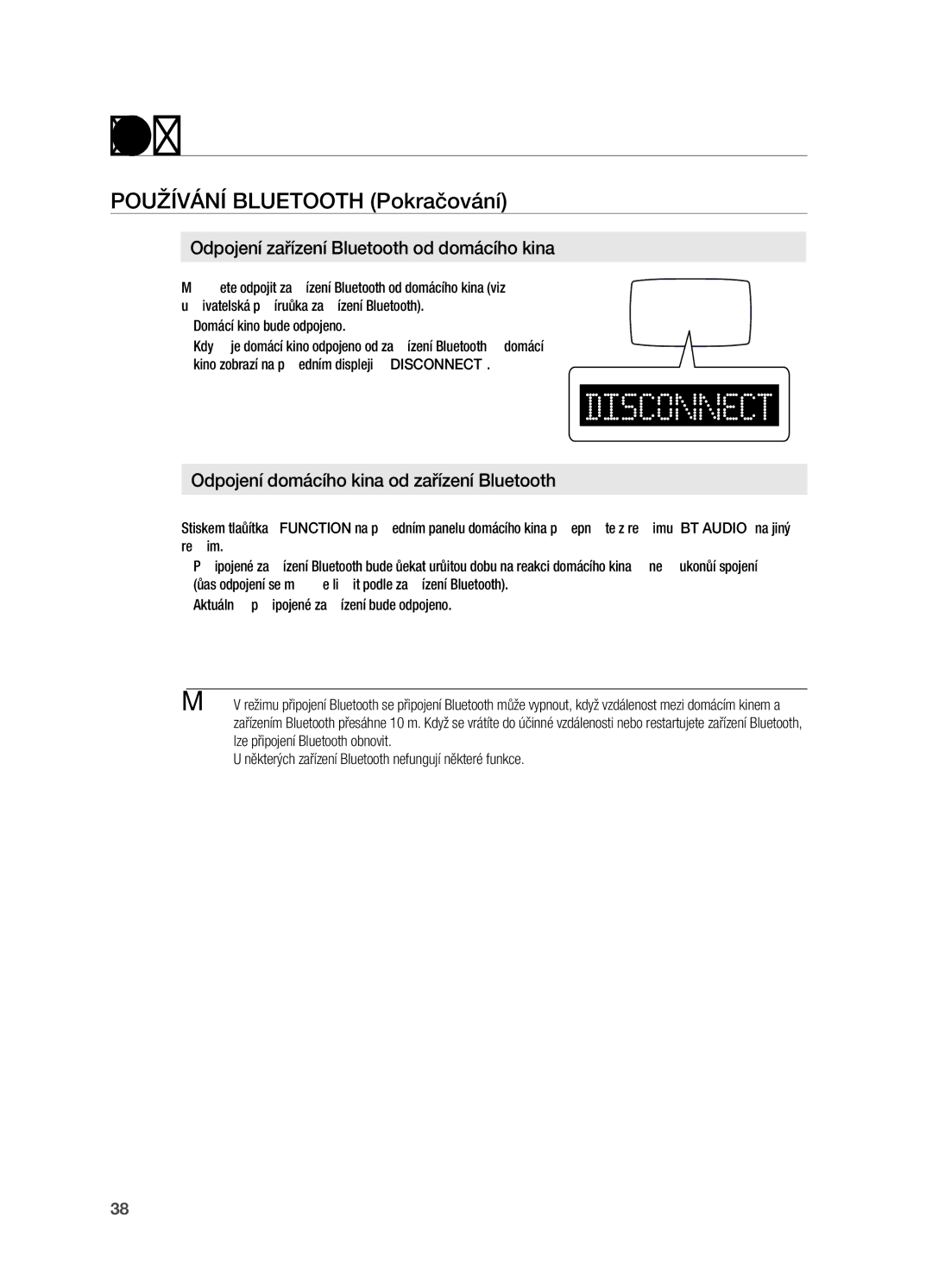 Samsung HT-X720GT/EDC manual Používání Bluetooth Pokračování, ` U některých zařízení Bluetooth nefungují některé funkce 