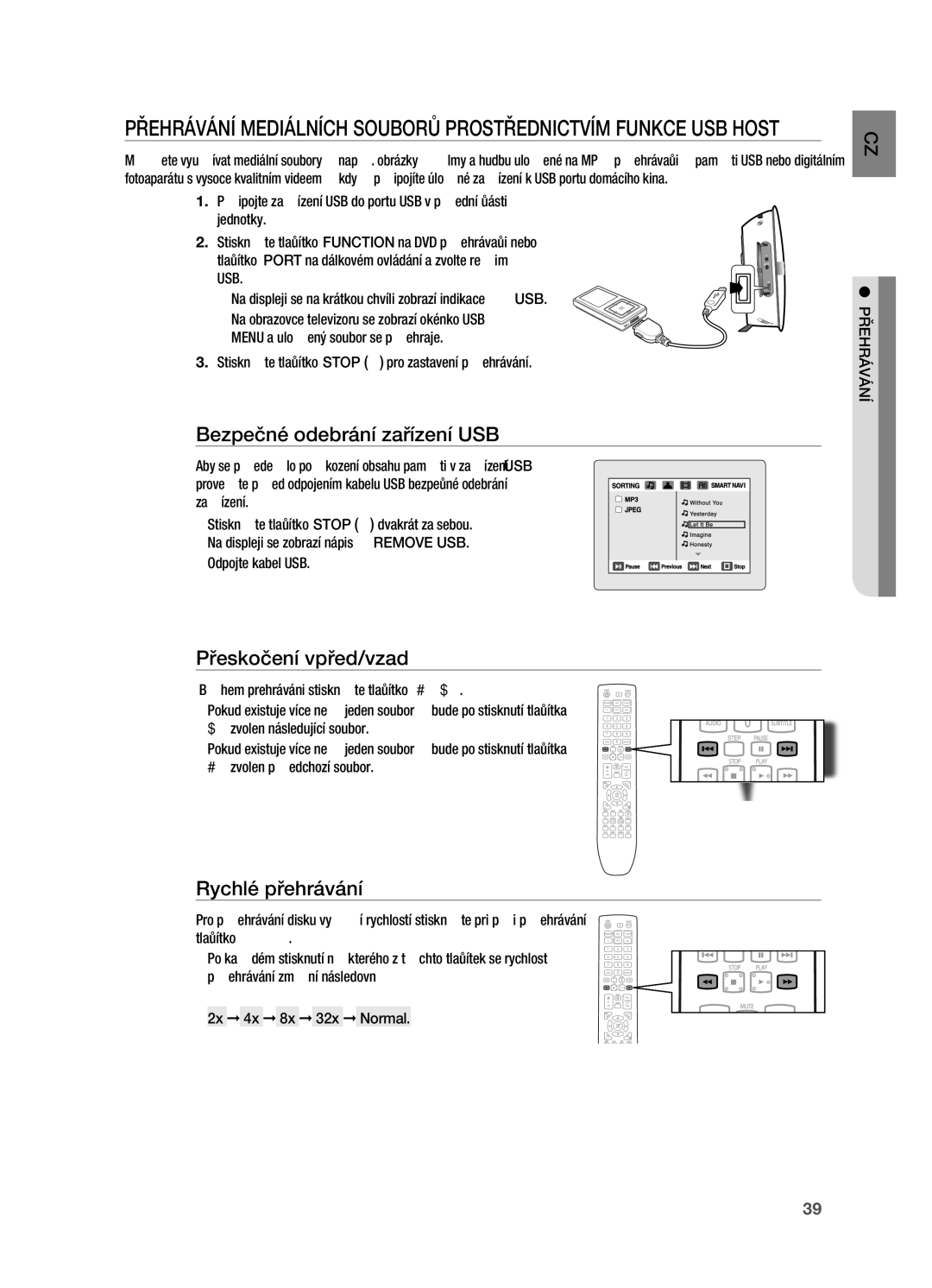 Samsung HT-X720T/EDC, HT-X720GT/EDC manual Bezpečné odebrání zařízení USB, Přeskočení vpřed/vzad, ~ Odpojte kabel USB 