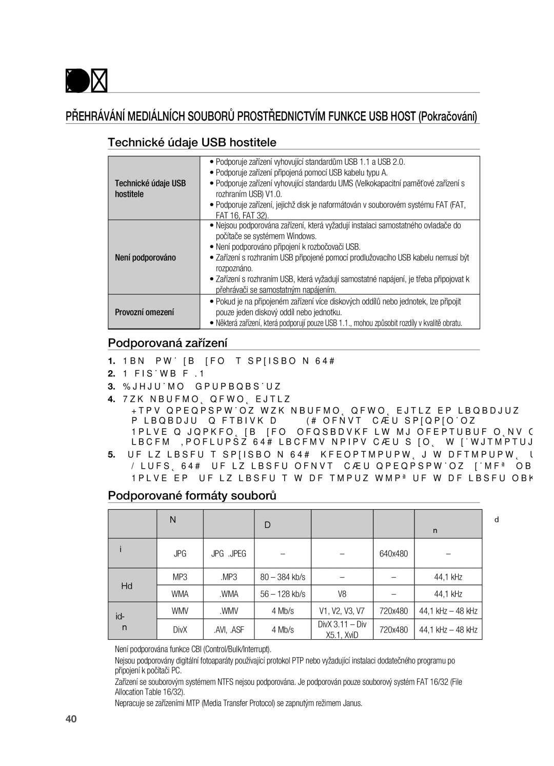 Samsung HT-X720GT/EDC, HT-X720T/EDC manual Technické údaje USB hostitele, Podporovaná zařízení, Podporované formáty souborů 