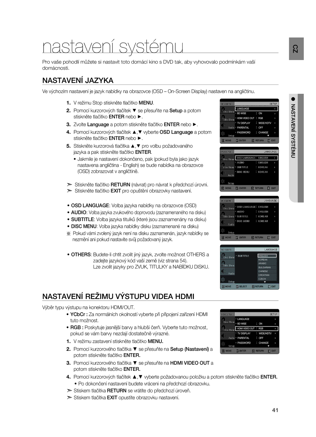 Samsung HT-X720T/EDC manual Nastavení systému, Nastavení jazyka, Nastavení režimu výstupu videa Hdmi, CZ ému syst nastavení 