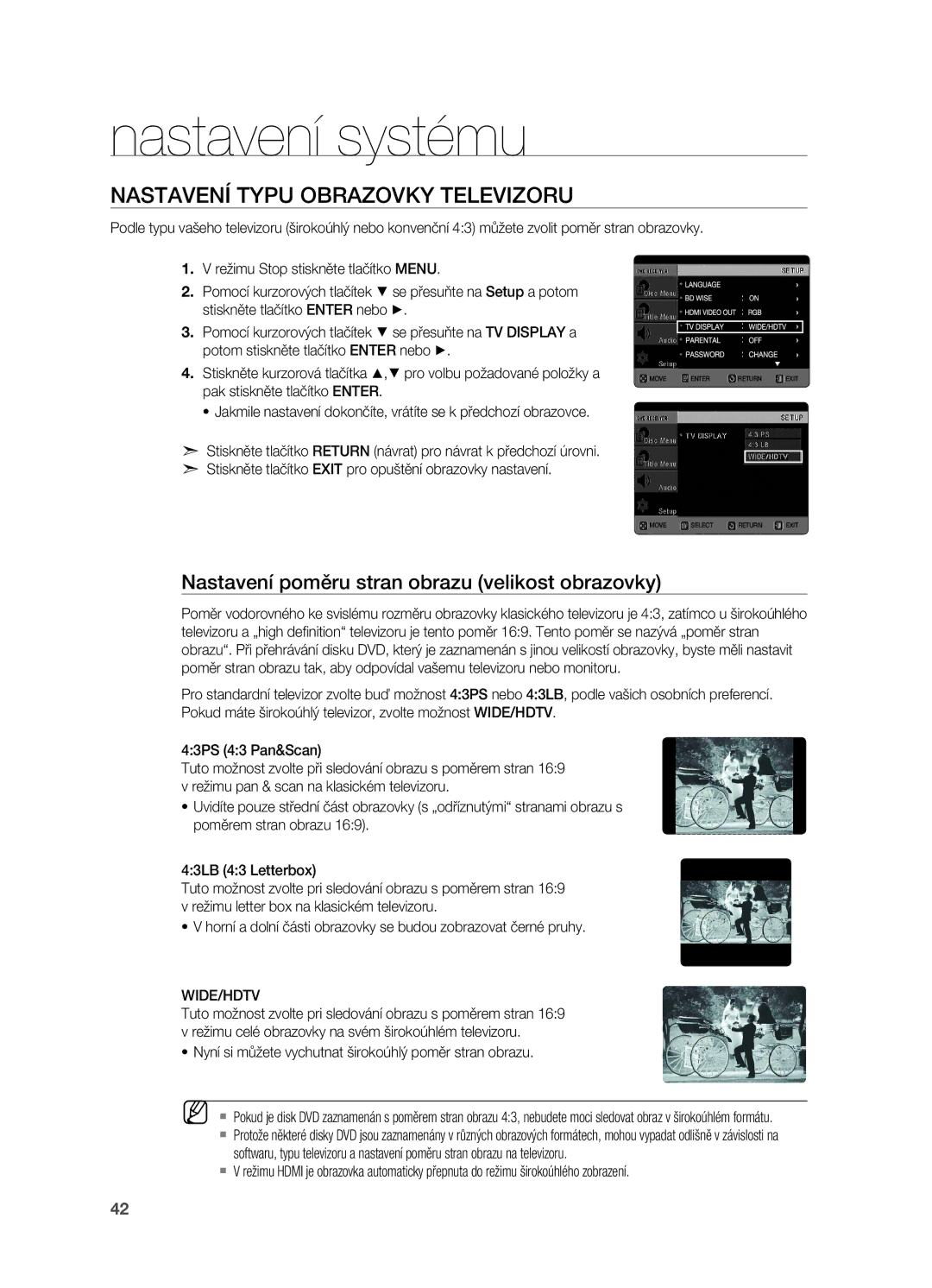 Samsung HT-X720GT/EDC Nastavení typu obrazovky televizoru, Nastavení poměru stran obrazu velikost obrazovky, Wide/Hdtv 