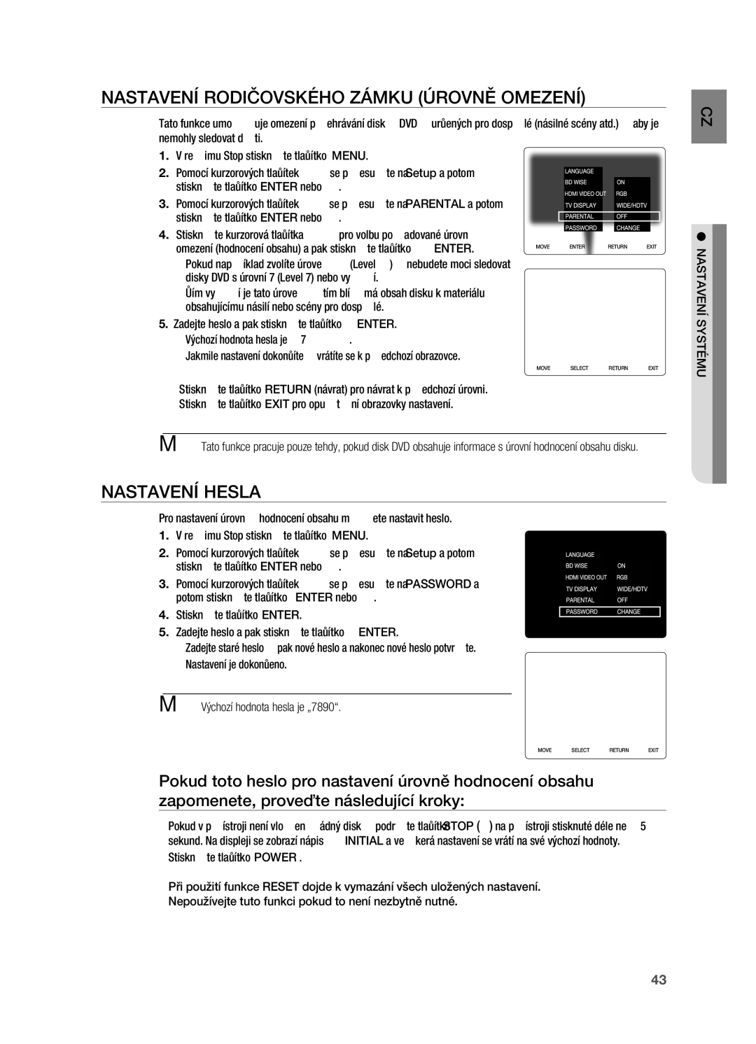 Samsung HT-X720T/EDC, HT-X720GT/EDC manual Nastavení rodičovského zámku úrovně omezení, Nastavení hesla, Ému syst nastavení 