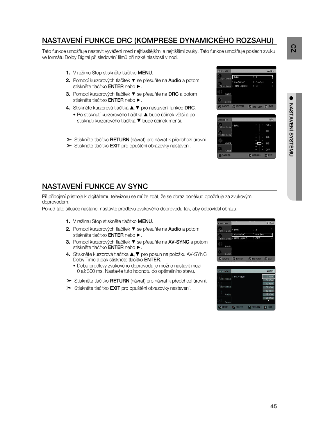 Samsung HT-X720T/EDC, HT-X720GT/EDC manual Nastavení funkce DRC komprese dynamického rozsahu, Nastavení funkce AV Sync 