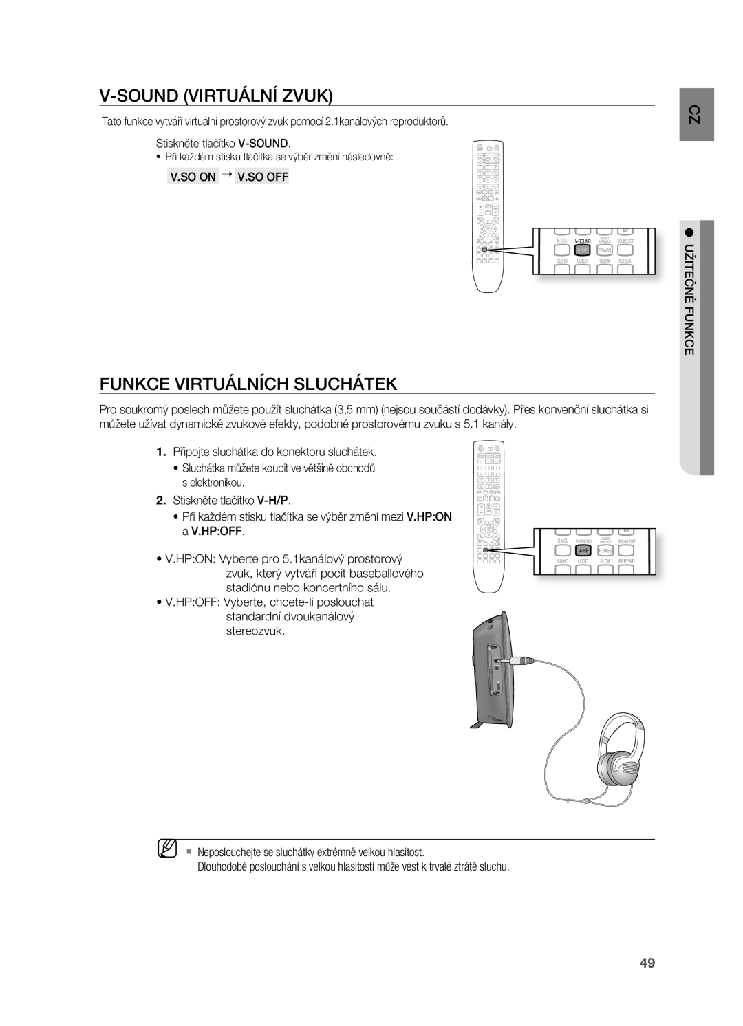 Samsung HT-X720T/EDC, HT-X720GT/EDC manual Sound VIrTUÁLNÍ Zvuk, Funkce VIrTUÁLNÍCH Sluchátek, SO on  V.SO OFF 