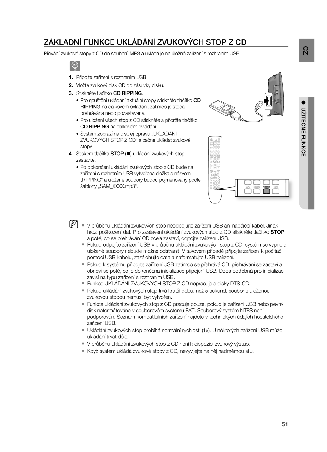 Samsung HT-X720T/EDC, HT-X720GT/EDC manual Základní Funkce Ukládání Zvukových Stop Z CD 