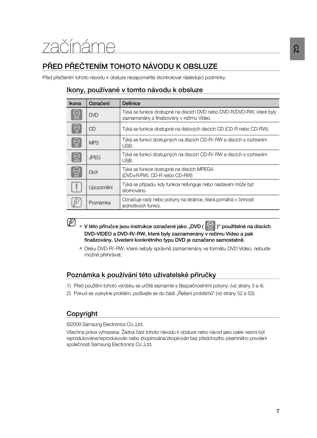 Samsung HT-X720T/EDC manual Začínáme, Před přečtením tohoto návodu k obsluze, Ikony, používané v tomto návodu k obsluze 