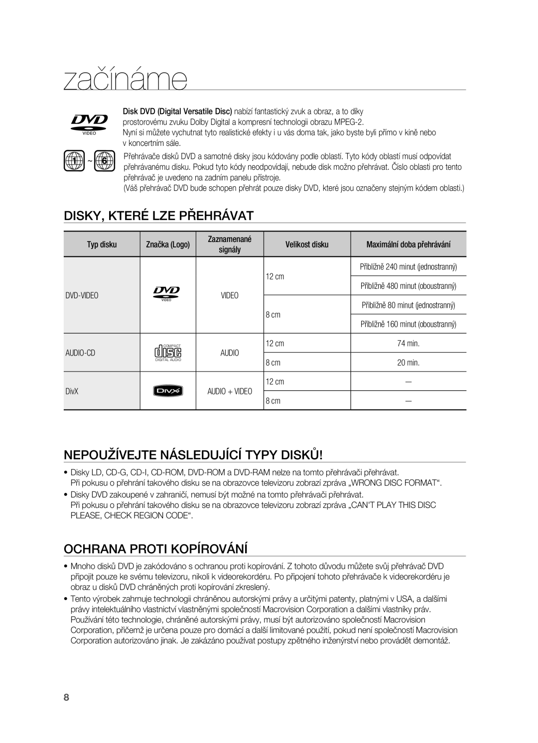 Samsung HT-X720GT/EDC Disky, které LZE přehrávat, Nepoužívejte následující typy disků, Ochrana proti kopírování, Dvd-Video 