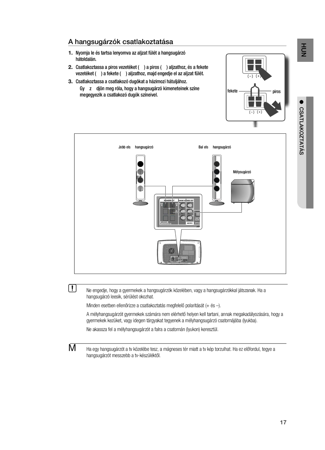 Samsung HT-X720T/EDC, HT-X720GT/EDC Hangsugárzók csatlakoztatása, Megegyezik a csatlakozó dugók színeivel, CSATLAKOzTATáS 