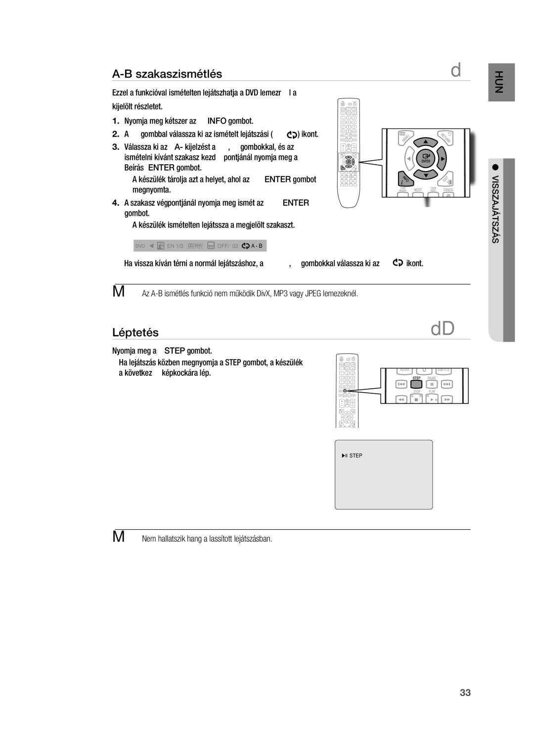 Samsung HT-X720GT/EDC, HT-X720T/XET, HT-X720T/EDC manual Szakaszismétlés, Léptetés 