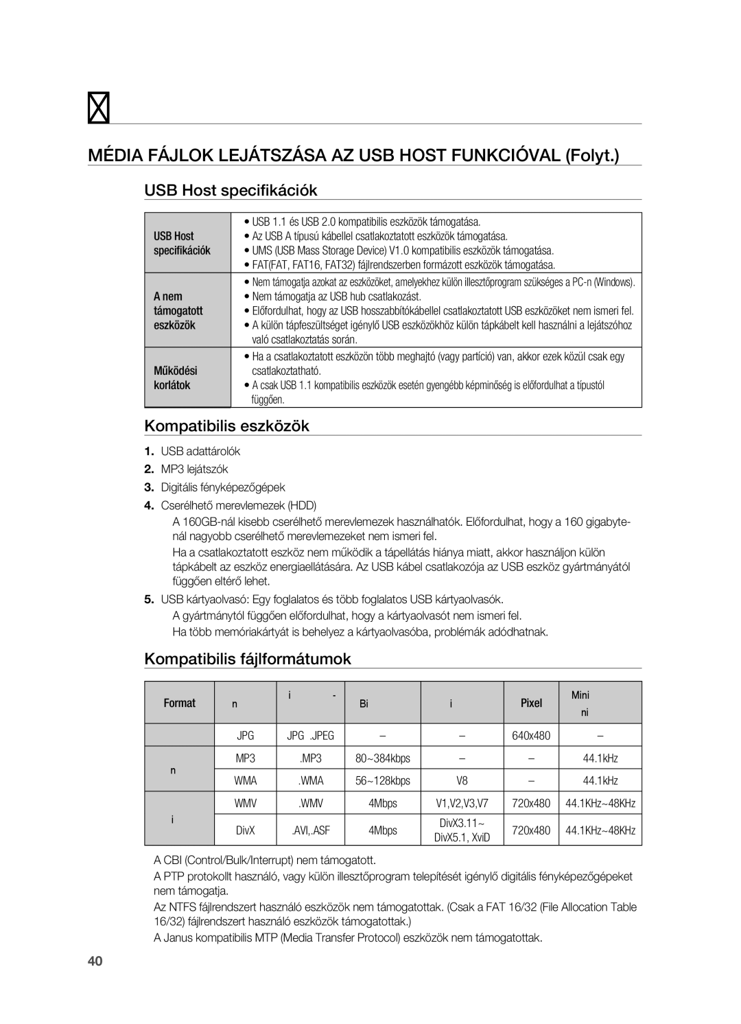 Samsung HT-X720T/XET Média fájlok lejátszása az USB Host funkcióval Folyt, USB Host specifikációk, Kompatibilis eszközök 