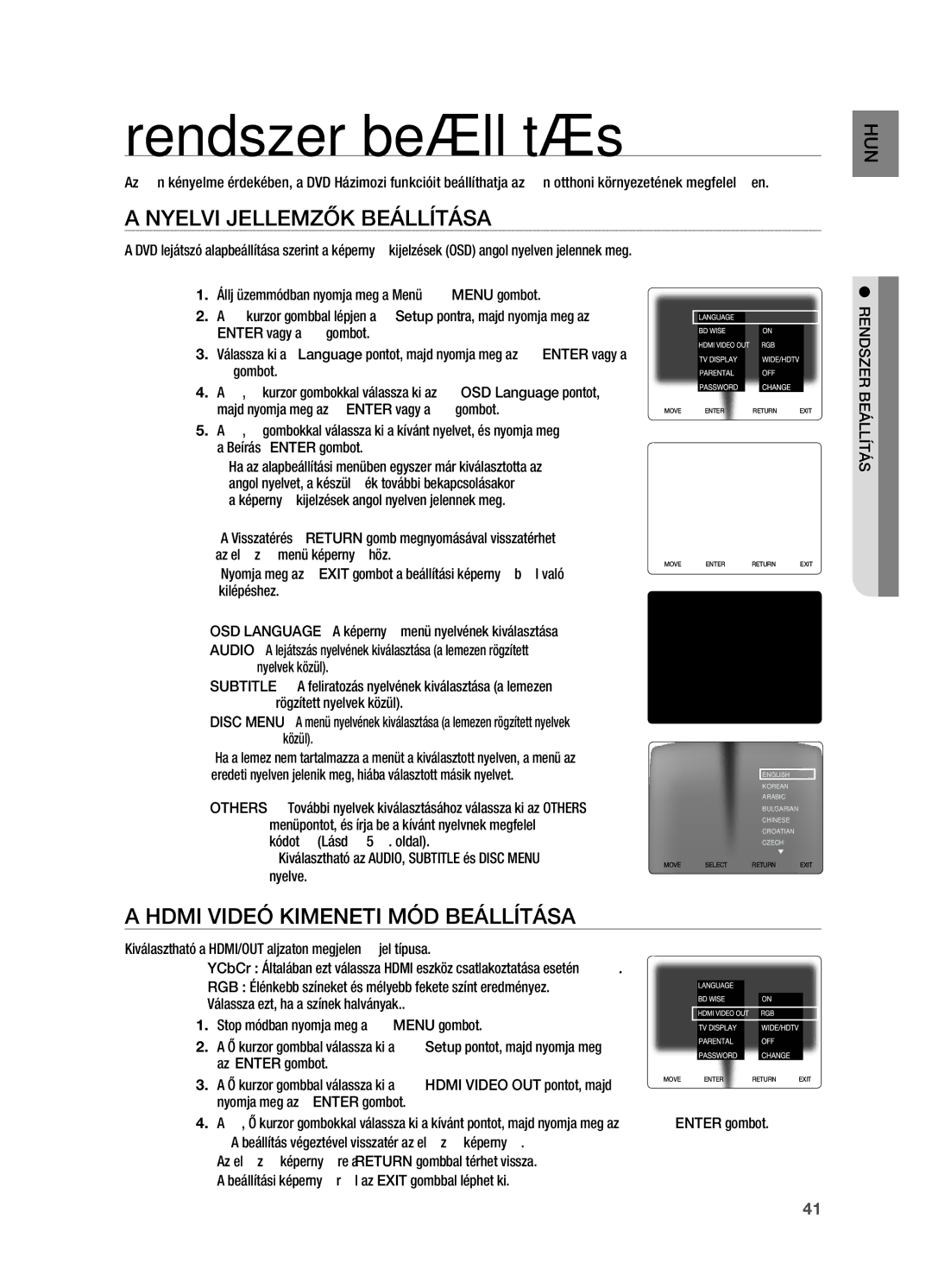 Samsung HT-X720T/EDC, HT-X720GT/EDC, HT-X720T/XET manual Rendszer beállítás, Nyelvi jellemzők beállítása 