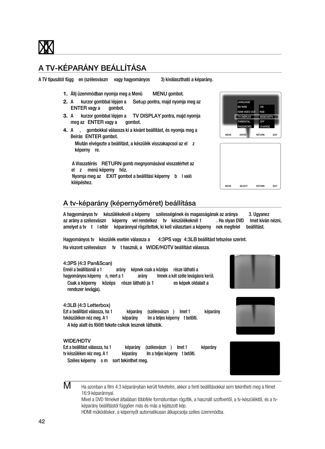 Samsung HT-X720GT/EDC, HT-X720T/XET manual Tv-képarány beállítása, Tv-képarány képernyőméret beállítása, 43PS 43 Pan&Scan 