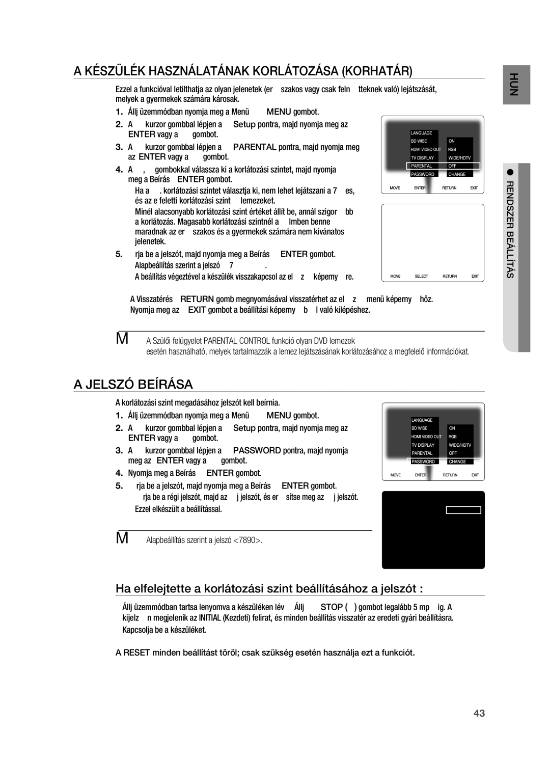 Samsung HT-X720T/XET, HT-X720GT/EDC, HT-X720T/EDC manual Készülék használatának korlátozása Korhatár, Jelszó beírása 