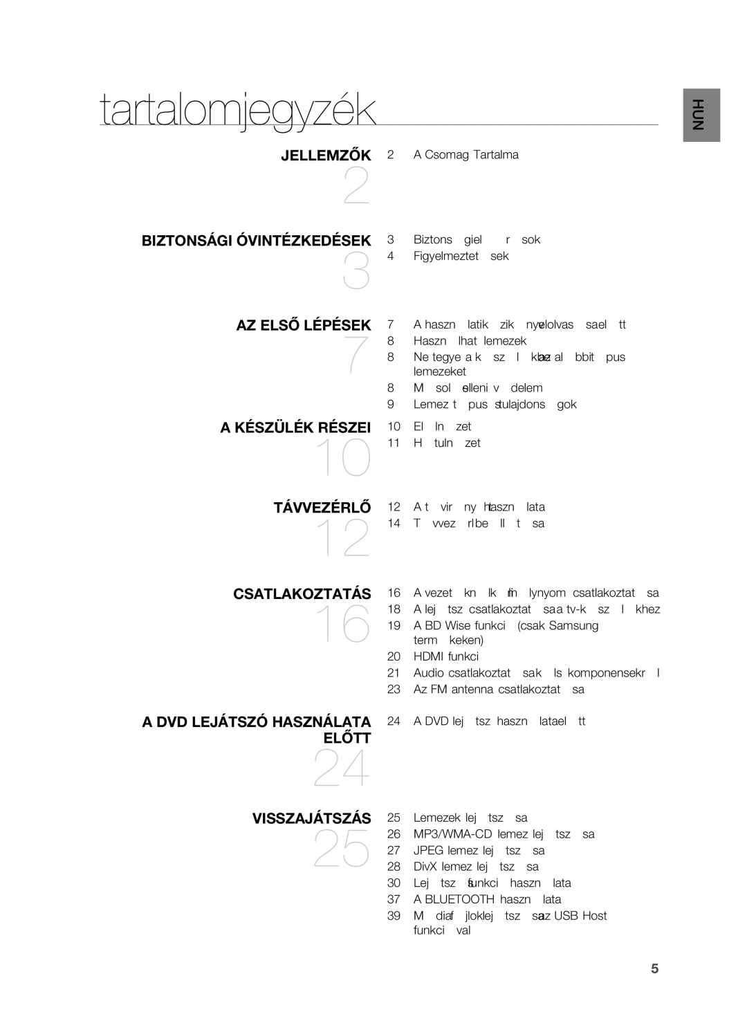 Samsung HT-X720T/EDC, HT-X720GT/EDC manual Tartalomjegyzék, Figyelmeztetések, Távirányító használata, Távvezérlő beállítása 