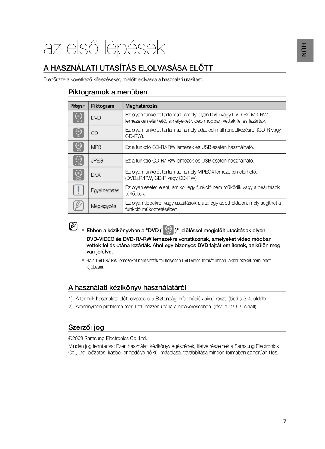 Samsung HT-X720T/XET manual Az első lépések, Használati Utasítás elolvasása elŐtt, Piktogramok a menüben, Szerzői jog 