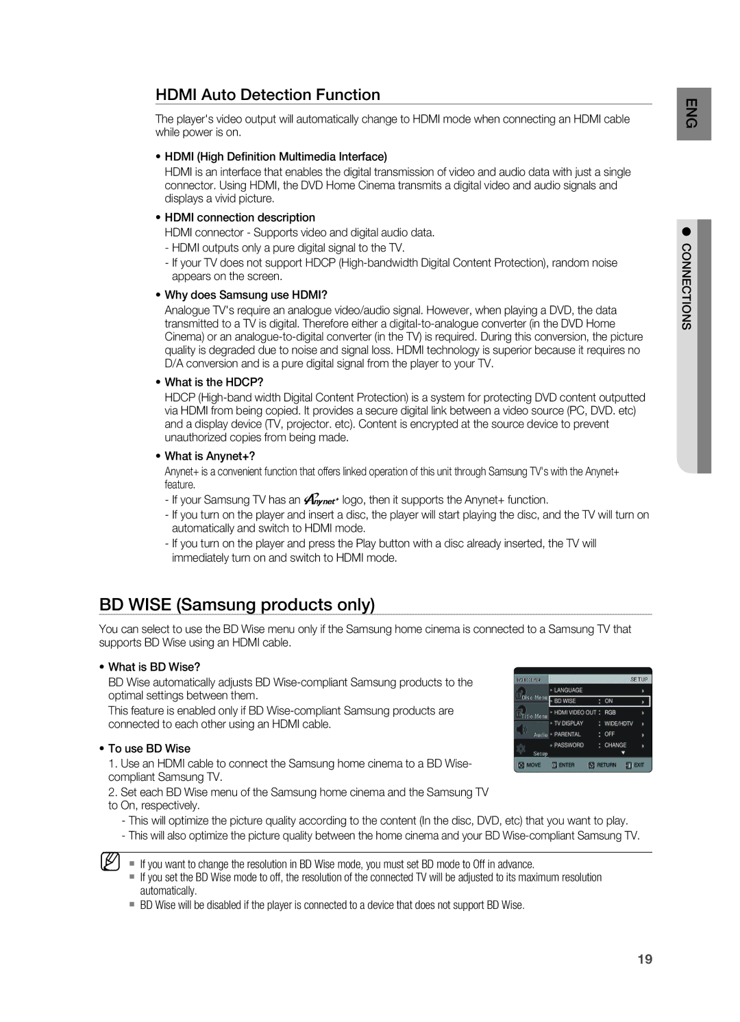 Samsung HT-X720GT/EDC manual BD Wise Samsung products only, Hdmi Auto Detection Function, Connections 