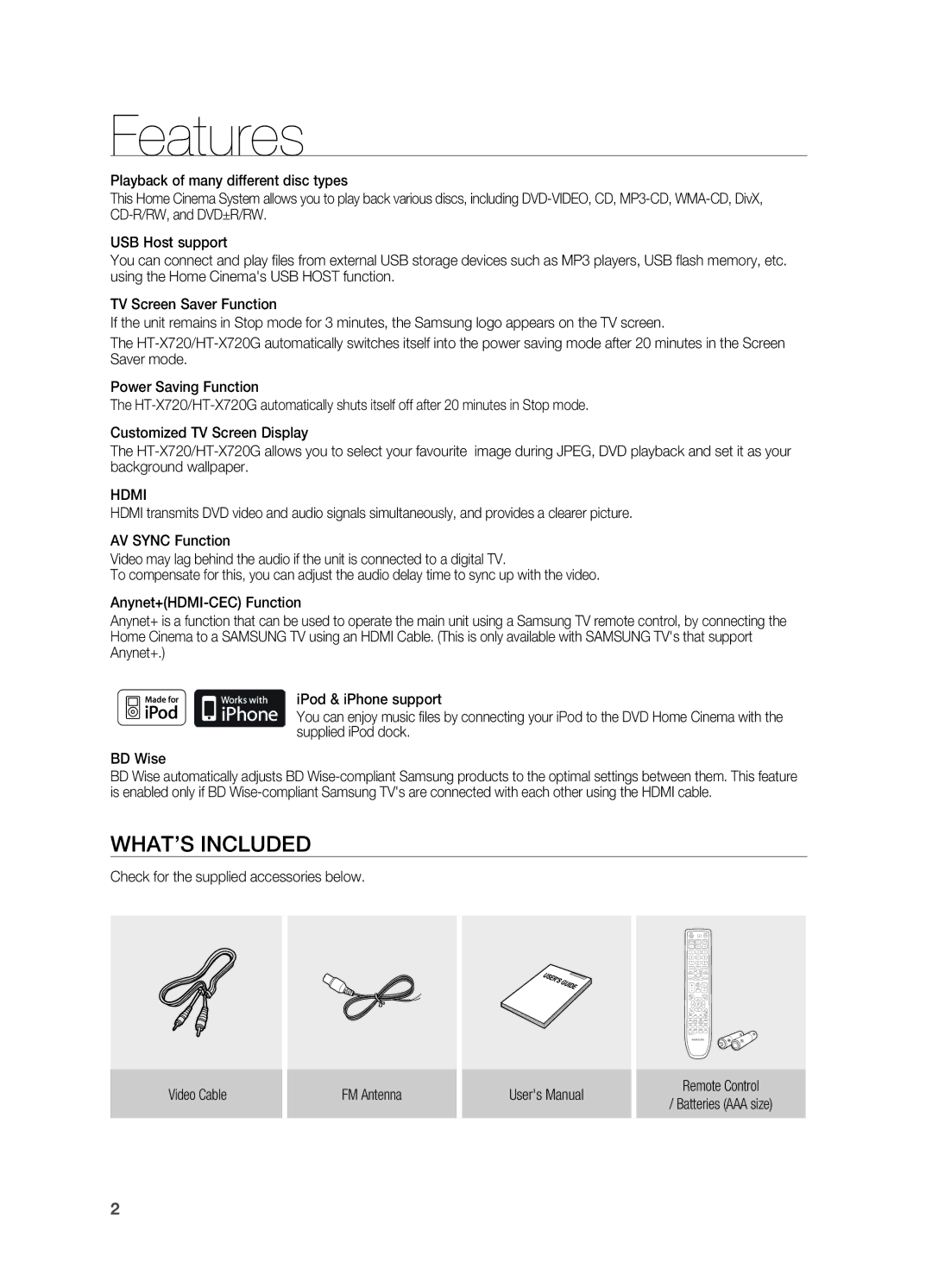 Samsung HT-X720GT/EDC manual Features, What’s included, Hdmi 