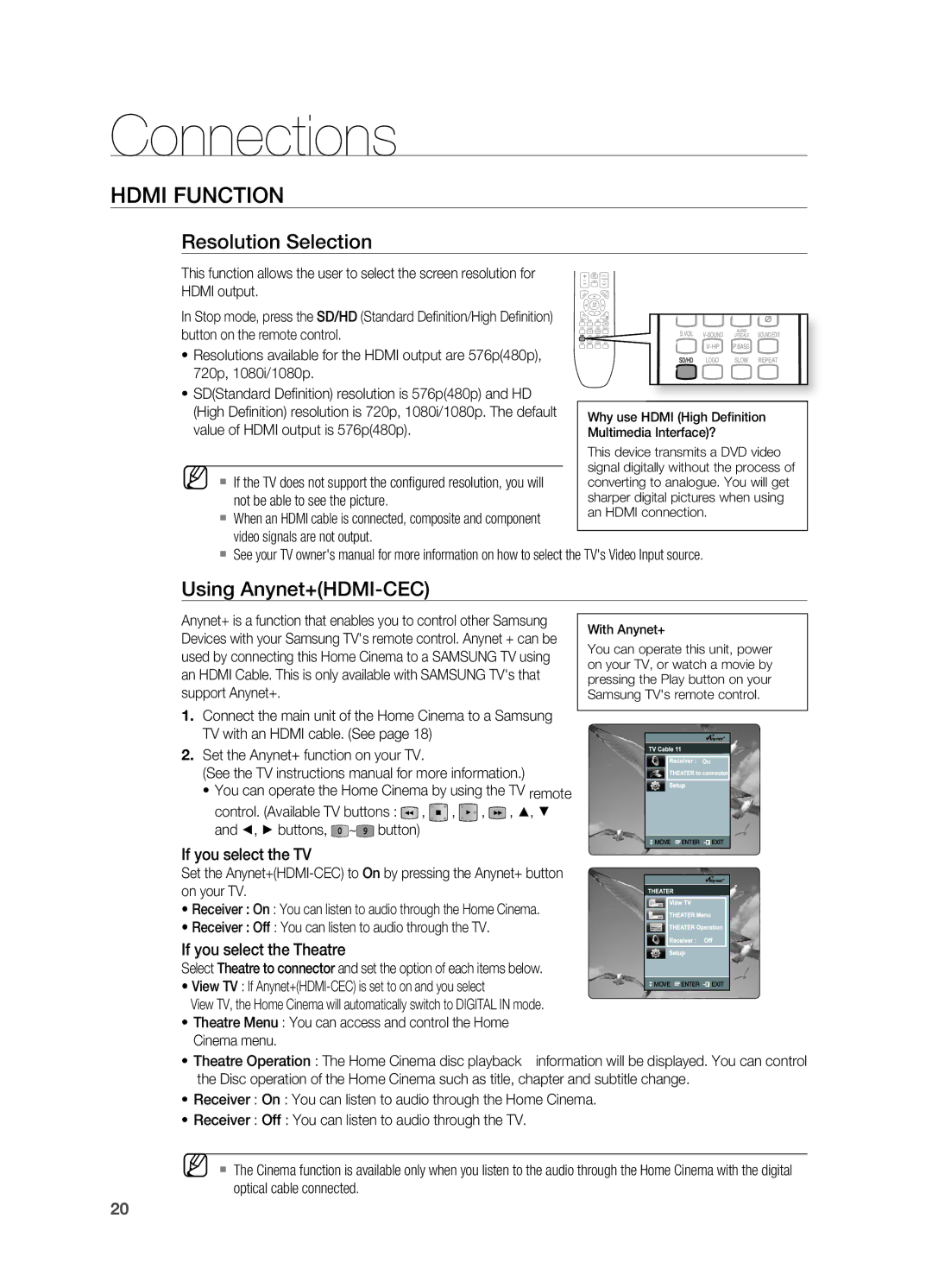 Samsung HT-X720GT/EDC manual Resolution Selection, Using Anynet+HDMI-CEC 