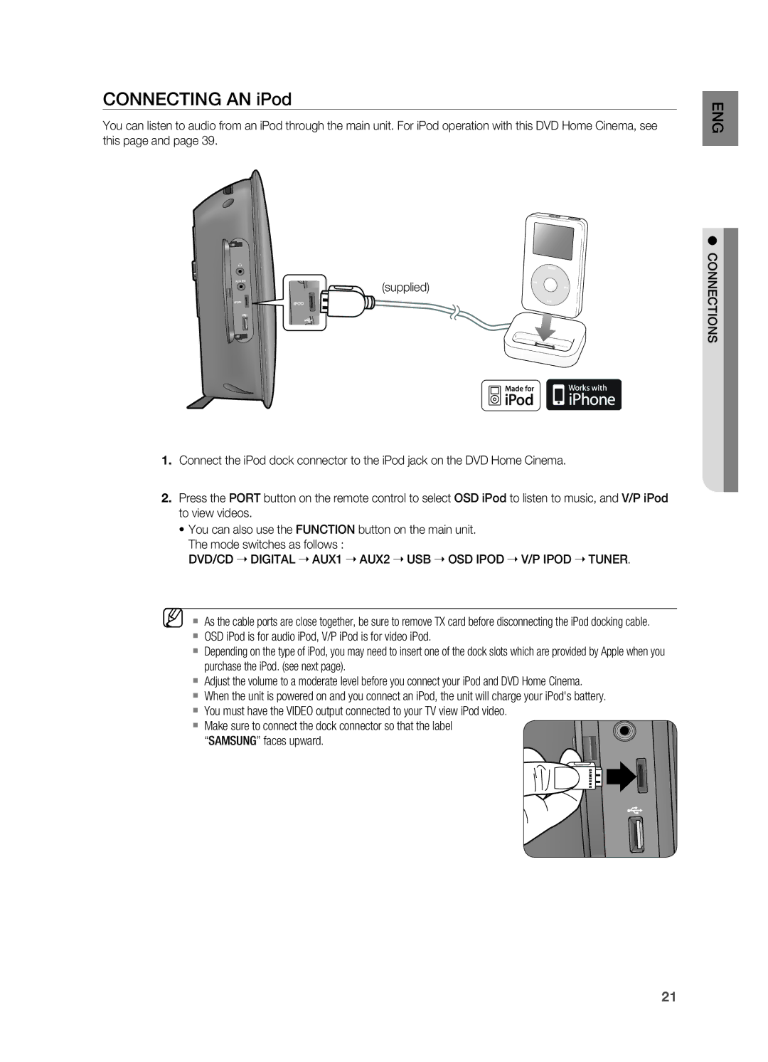 Samsung HT-X720GT/EDC manual Connecting an iPod 