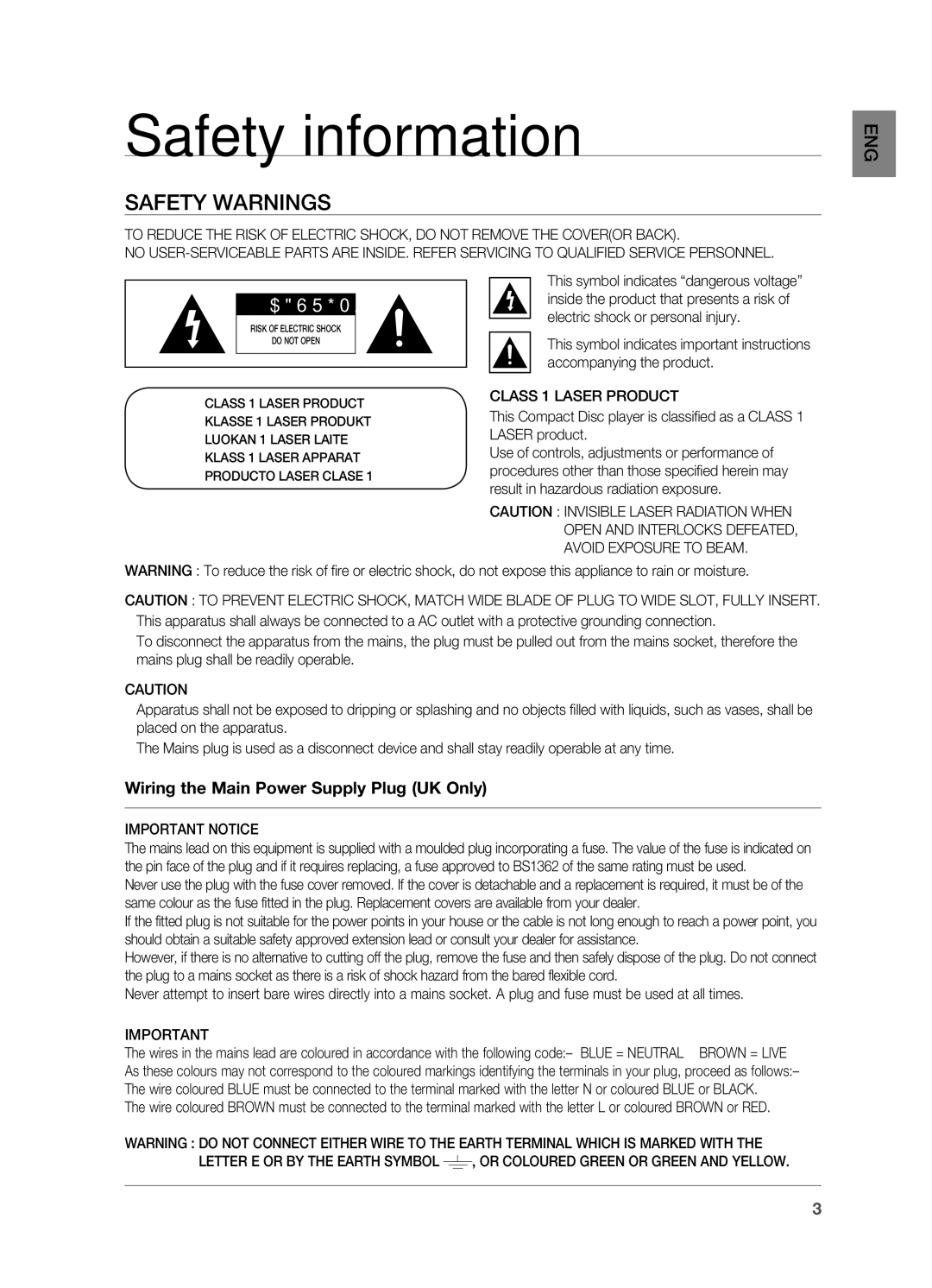 Samsung HT-X720GT/EDC manual Safety information, Safety Warnings, Class 1 Laser Product, Important Notice 