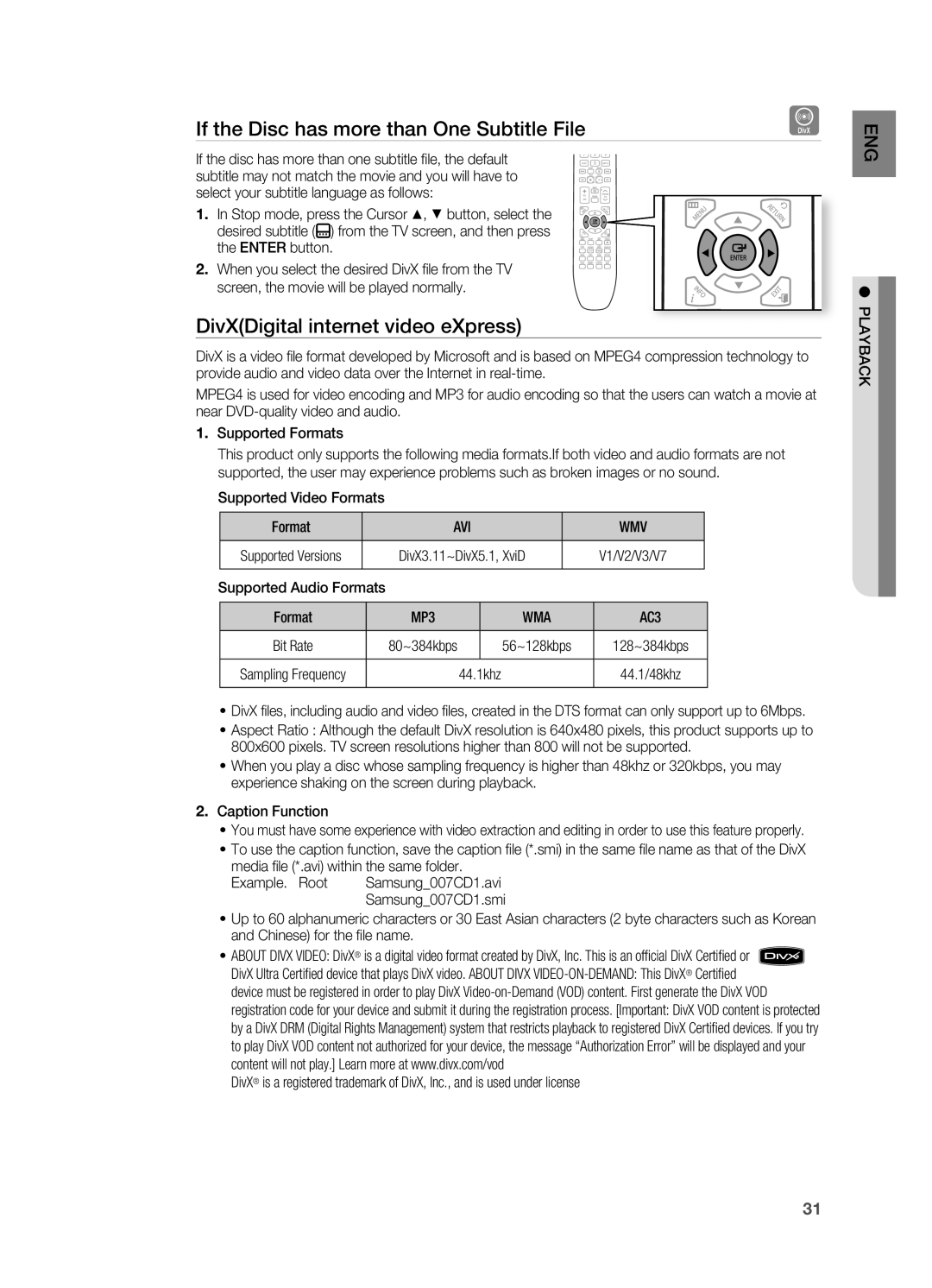 Samsung HT-X720GT/EDC manual If the Disc has more than one Subtitle File, DivXDigital internet video eXpress, Avi Wmv 