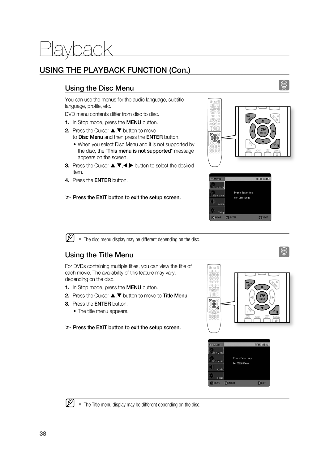 Samsung HT-X720GT/EDC manual Using the Disc Menu, Using the Title Menu 