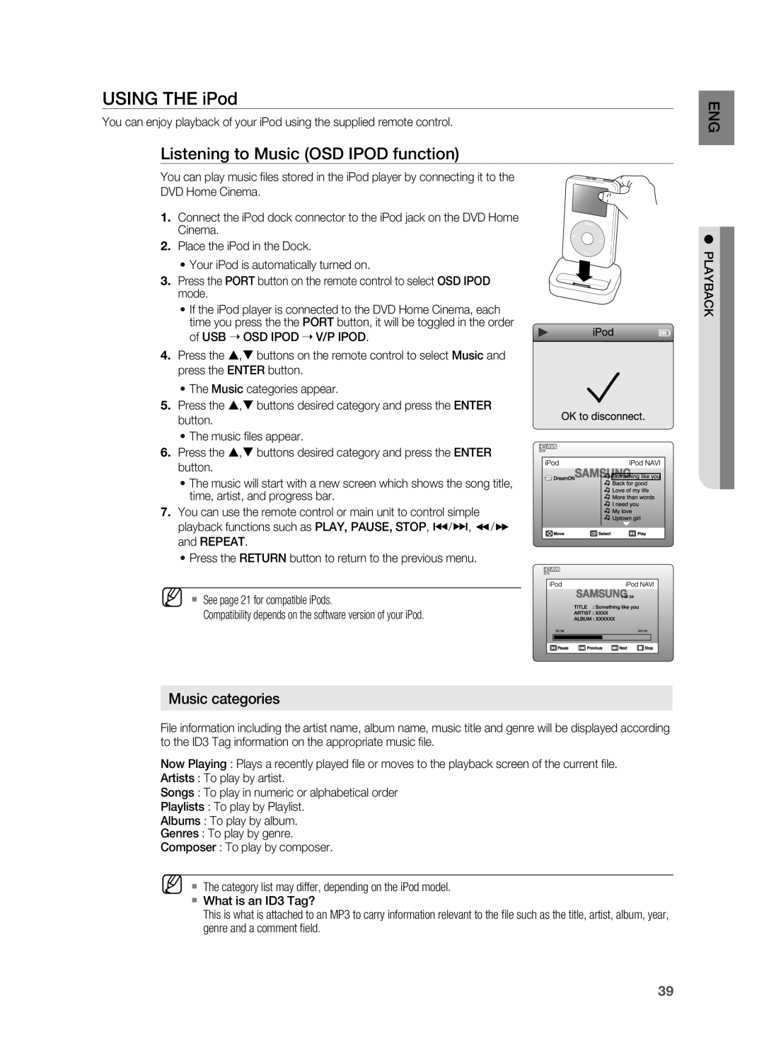 Samsung HT-X720GT/EDC manual USing tHe iPod, Listening to Music oSD iPoD function 