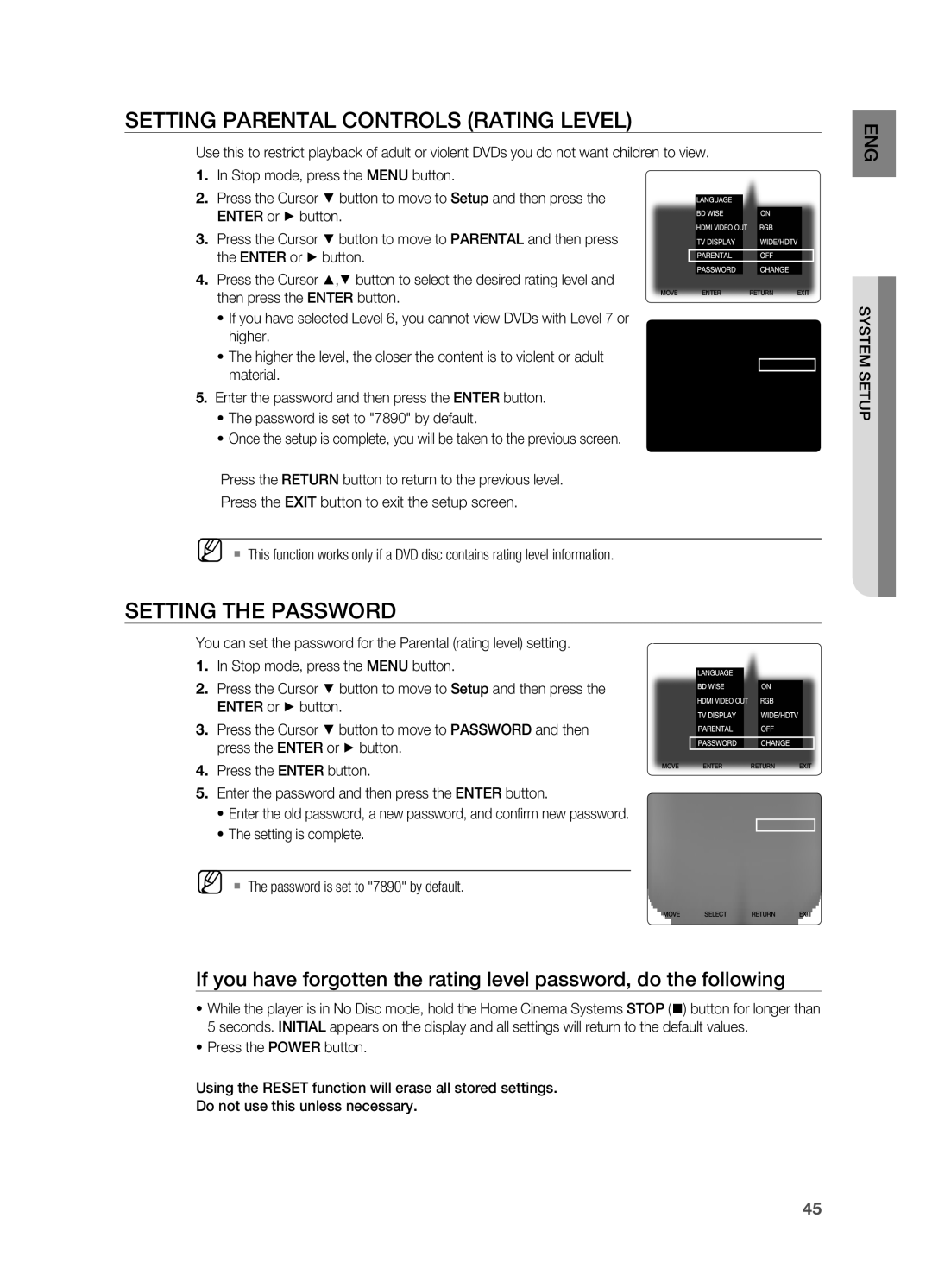 Samsung HT-X720GT/EDC manual Setting Parental Controls Rating Level, Setting the Password, System setup 