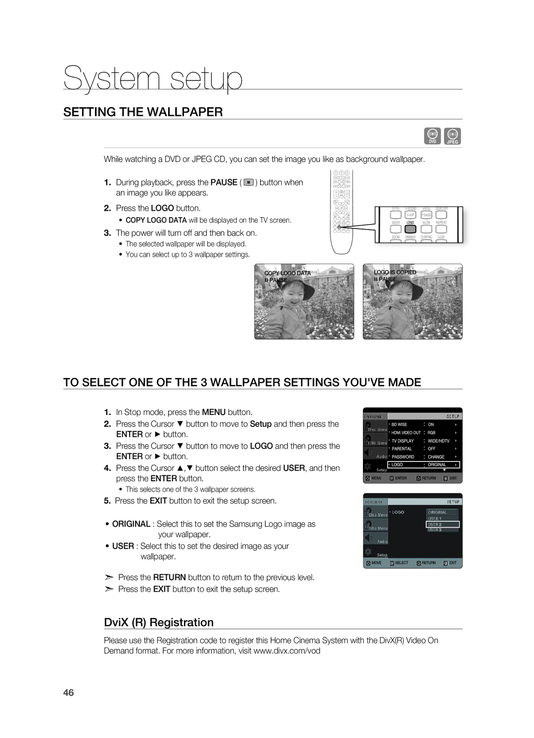 Samsung HT-X720GT/EDC Setting the WAllPAPEr, To SElECT ONE of the 3 WAllPAPEr Settings Youve Made, DviX r registration 