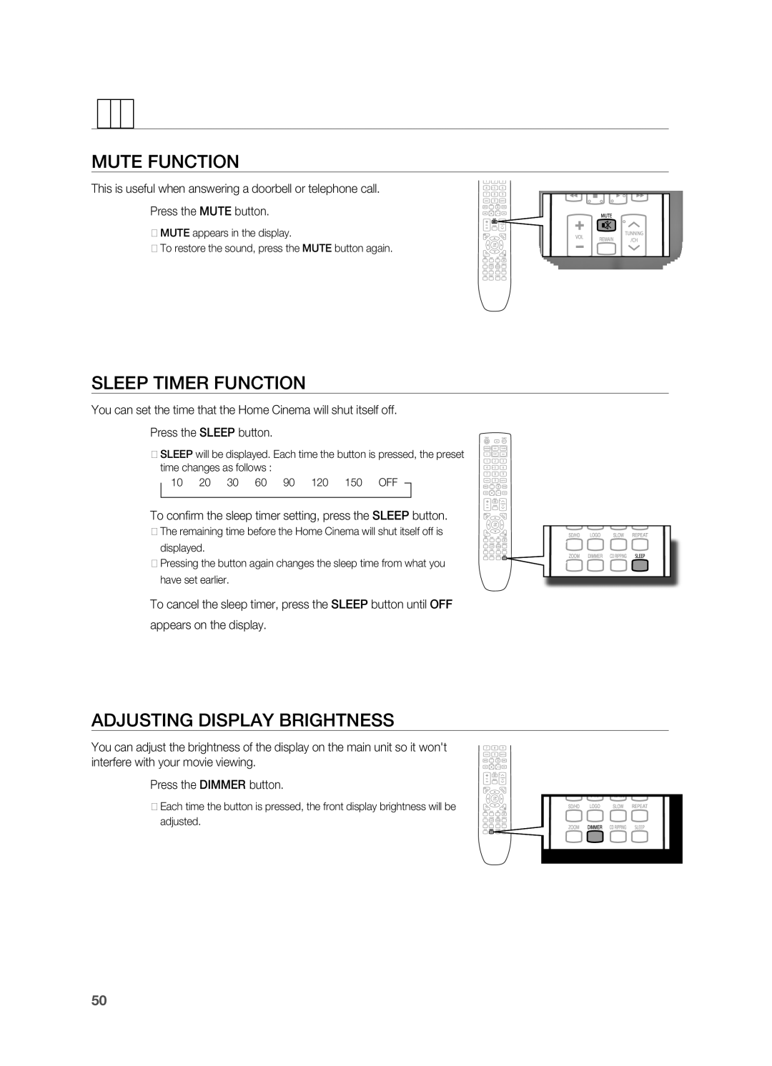 Samsung HT-X720GT/EDC manual Convenient function, SlEEP TIMEr Function, Adjusting DISPlAY BrIGHTNESS 