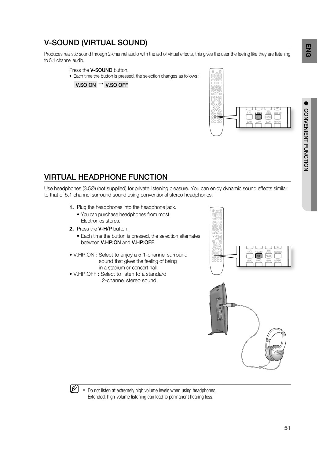 Samsung HT-X720GT/EDC manual Sound VIrTUAl Sound, VIrTUAl Headphone Function, SO on  V.SO OFF, A stadium or concert hall 