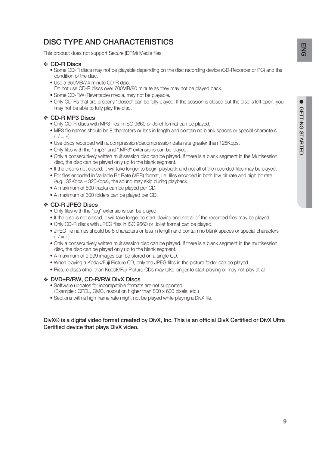 Samsung HT-X720GT/EDC manual Disc Type and Characteristics, This product does not support Secure DRM Media files 