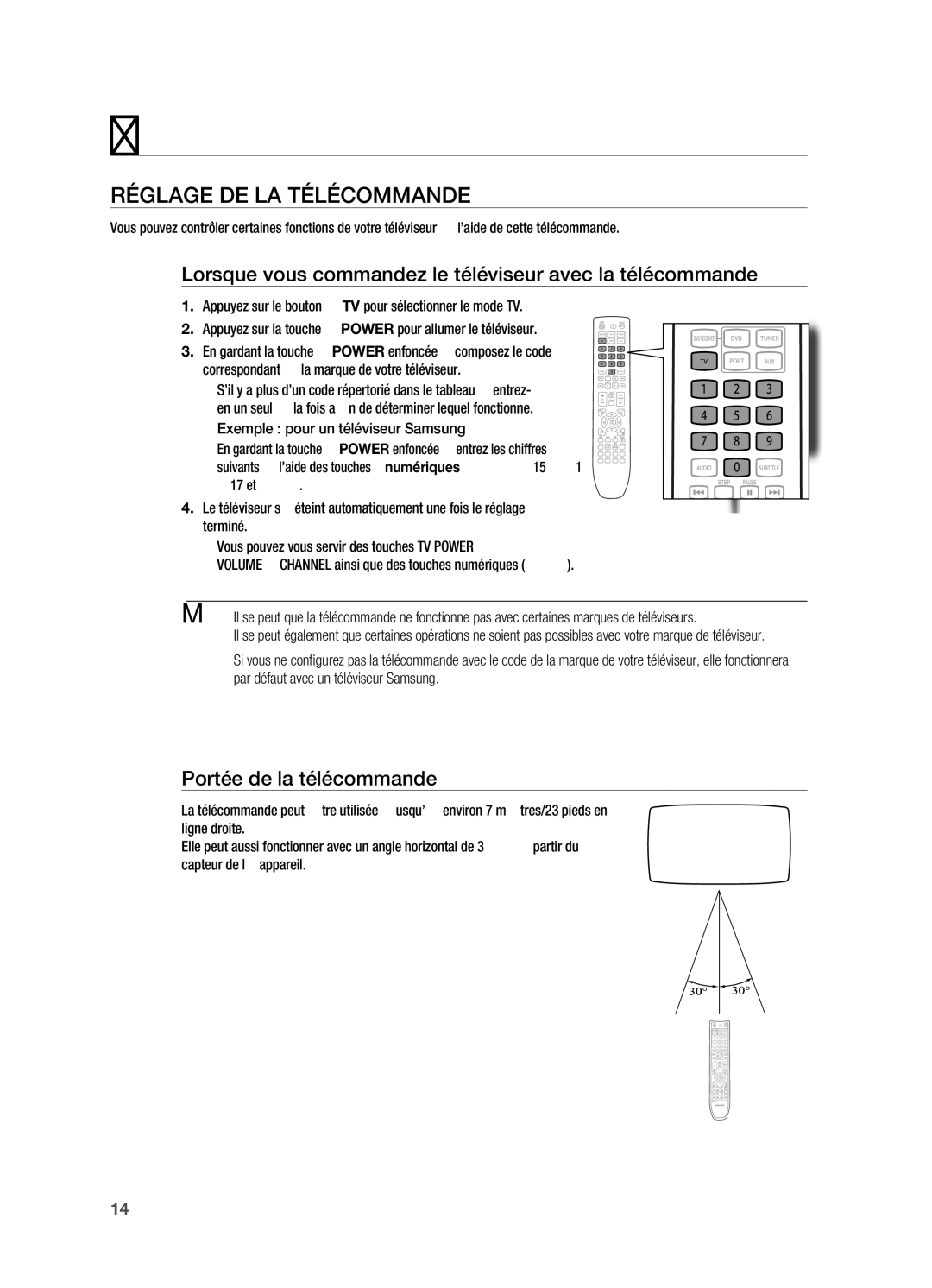 Samsung HT-X720GT/XEF, HT-X720T/XEF Réglage DE LA Télécommande, Lorsque vous commandez le téléviseur avec la télécommande 