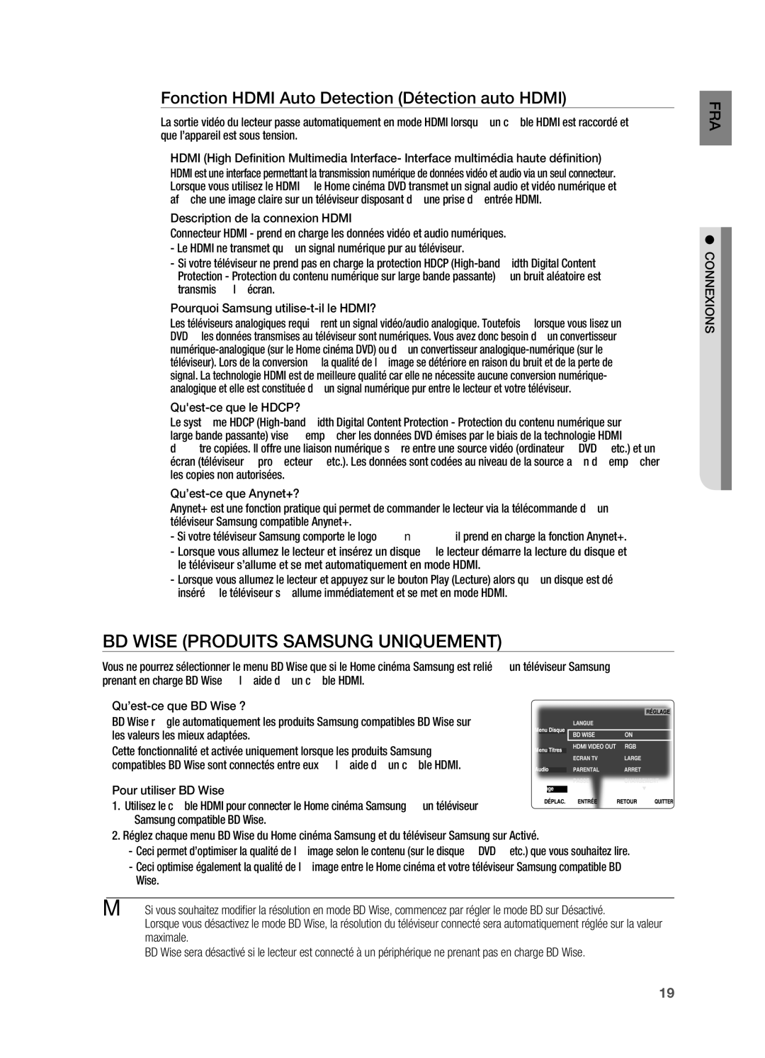 Samsung HT-X720T/XEF BD Wise produits Samsung uniquement, Fonction Hdmi Auto Detection Détection auto Hdmi, Connexions 