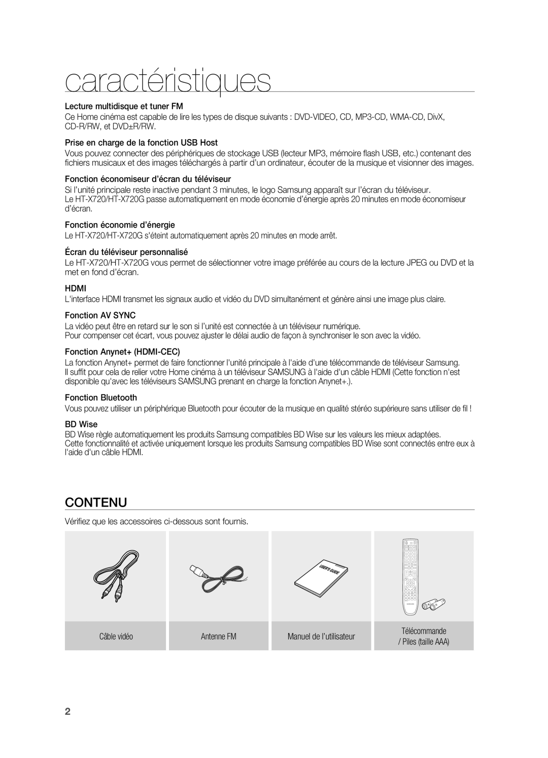 Samsung HT-X720GT/XEF, HT-X720T/XEF manual Caractéristiques, Contenu, Hdmi, Fonction Bluetooth, BD Wise 