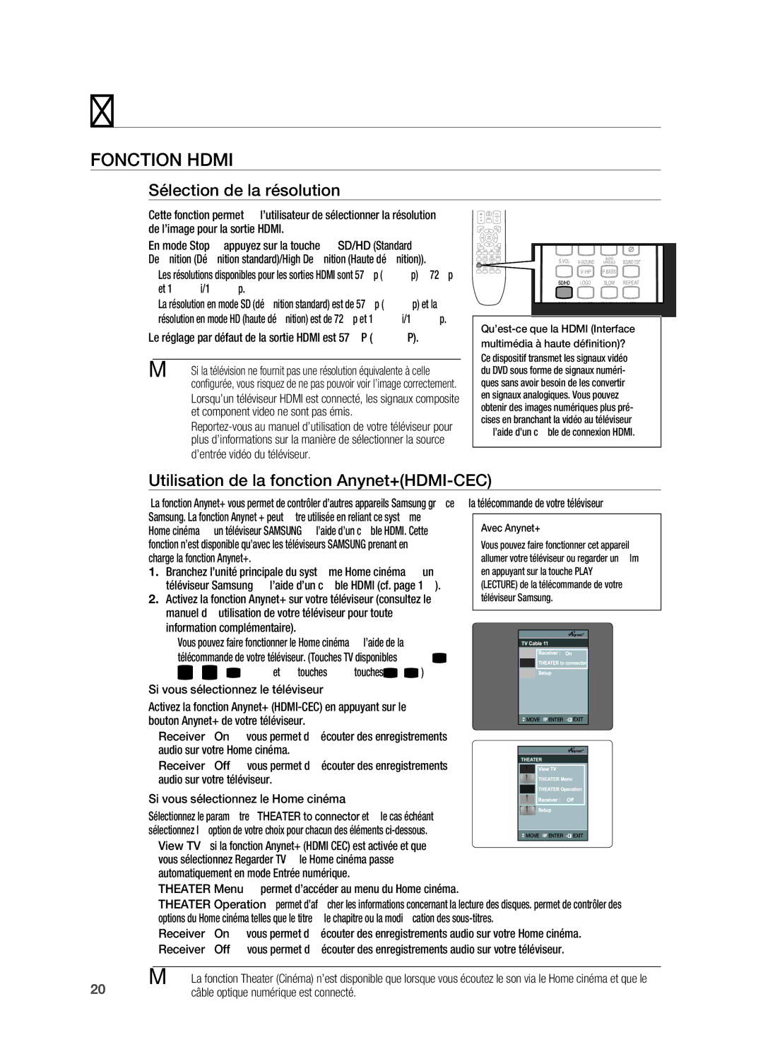 Samsung HT-X720GT/XEF, HT-X720T/XEF Fonction Hdmi, Sélection de la résolution, Utilisation de la fonction Anynet+HDMI-CEC 