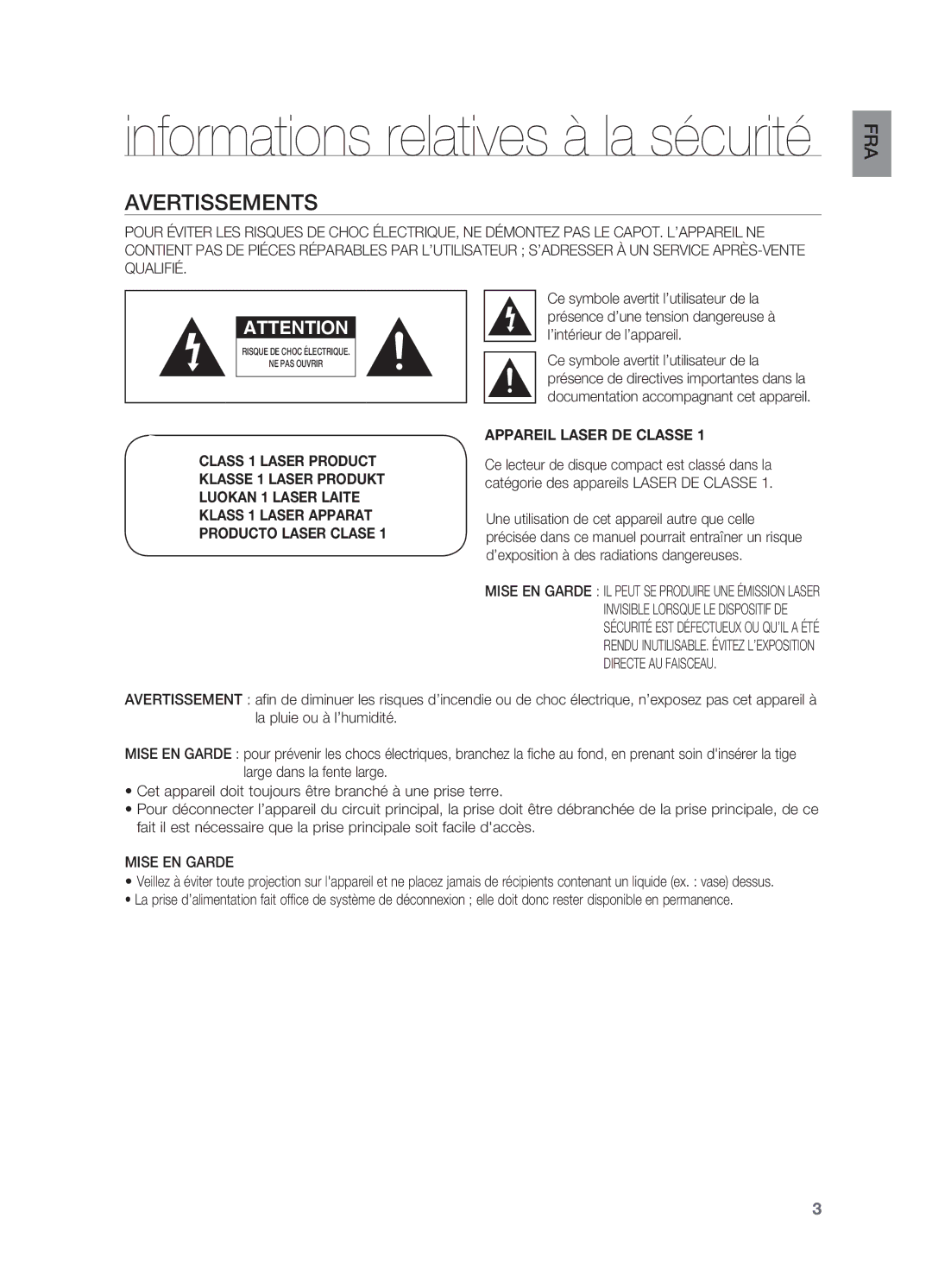 Samsung HT-X720T/XEF, HT-X720GT/XEF manual Avertissements, Mise EN Garde 