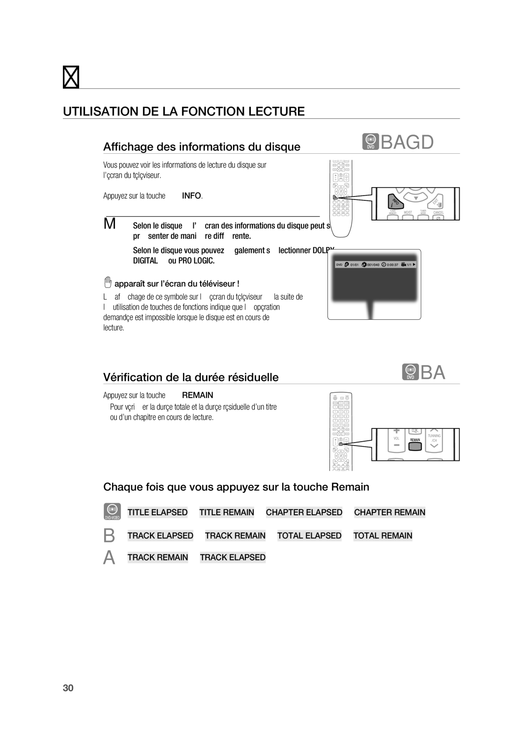 Samsung HT-X720GT/XEF, HT-X720T/XEF manual Utilisation DE LA Fonction Lecture, Affichage des informations du disque 