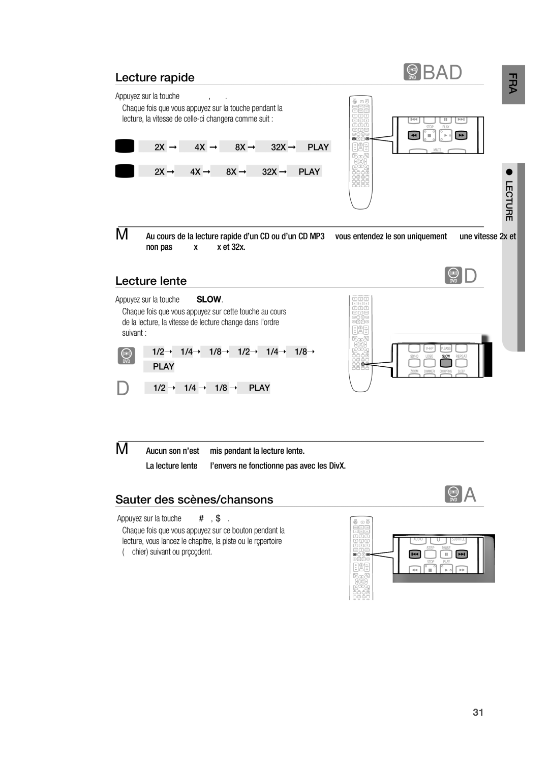 Samsung HT-X720T/XEF, HT-X720GT/XEF manual Lecture rapide, Lecture lente, Sauter des scènes/chansons,  Play 