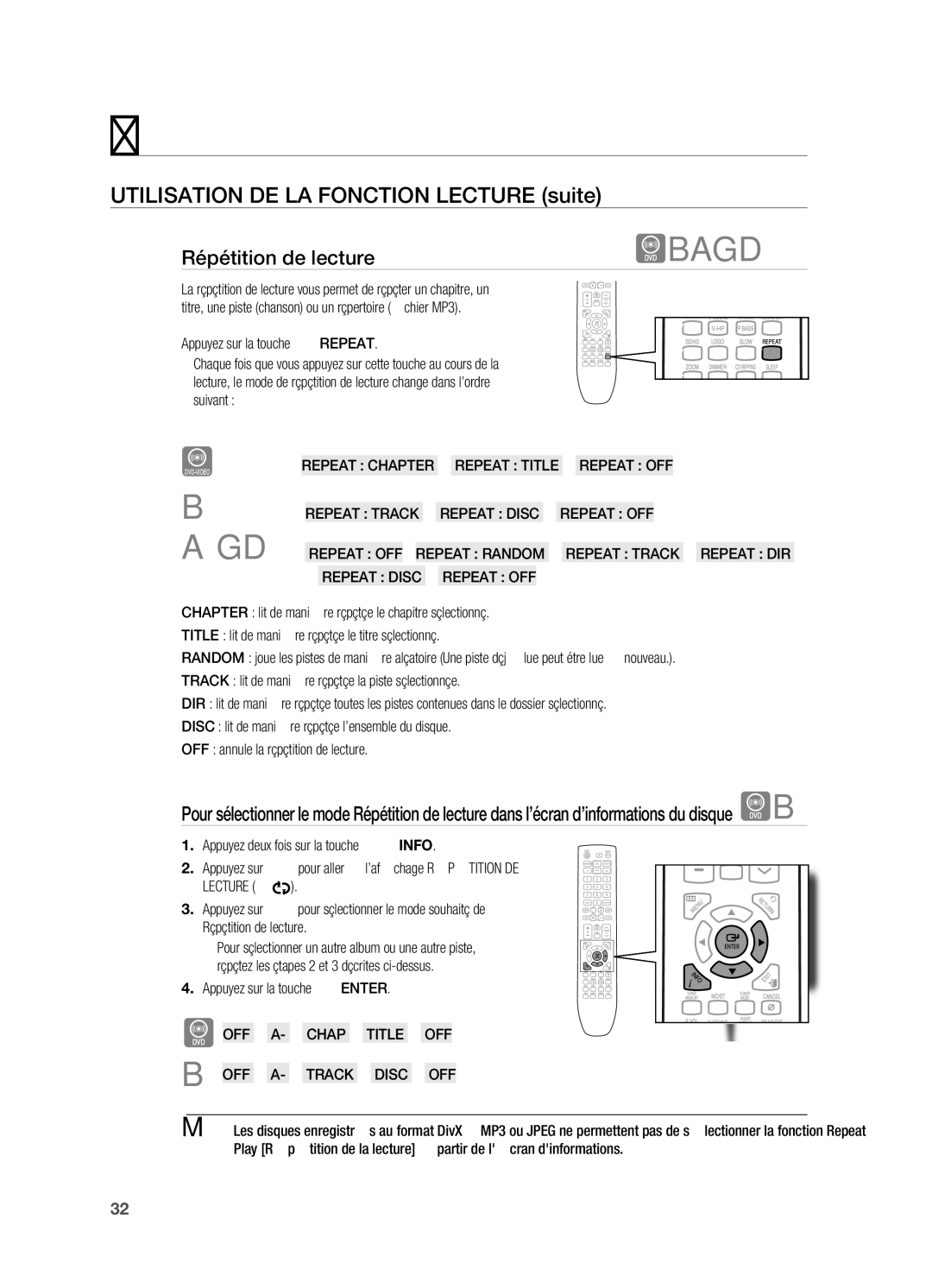 Samsung HT-X720GT/XEF manual Utilisation DE LA Fonction Lecture suite, Répétition de lecture, Appuyez sur la touche Enter 