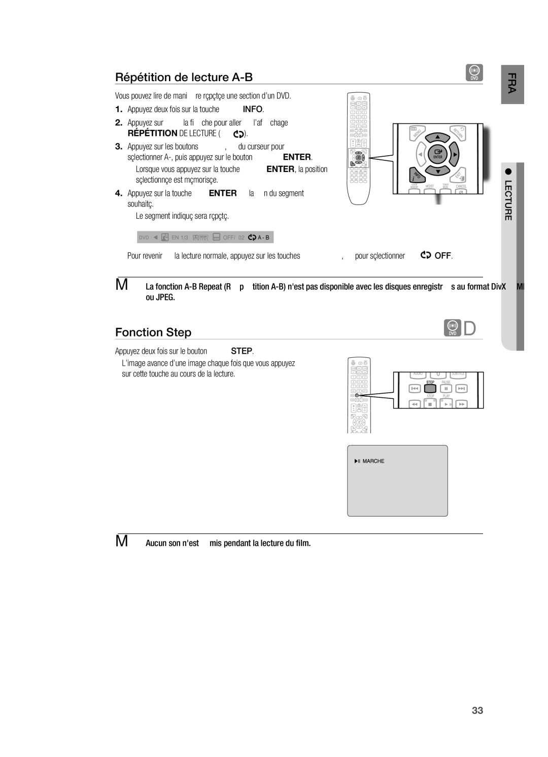 Samsung HT-X720T/XEF, HT-X720GT/XEF manual Répétition de lecture A-B, Fonction Step, Ou Jpeg 