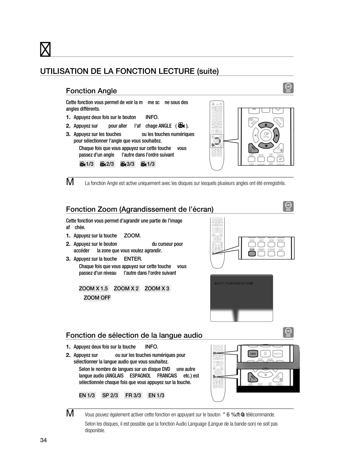 Samsung HT-X720GT/XEF Fonction Angle, Fonction Zoom Agrandissement de l’écran, Fonction de sélection de la langue audio 